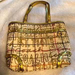 Authentic Coach Tattersall Graffiti PVC bag with gold trim and accents